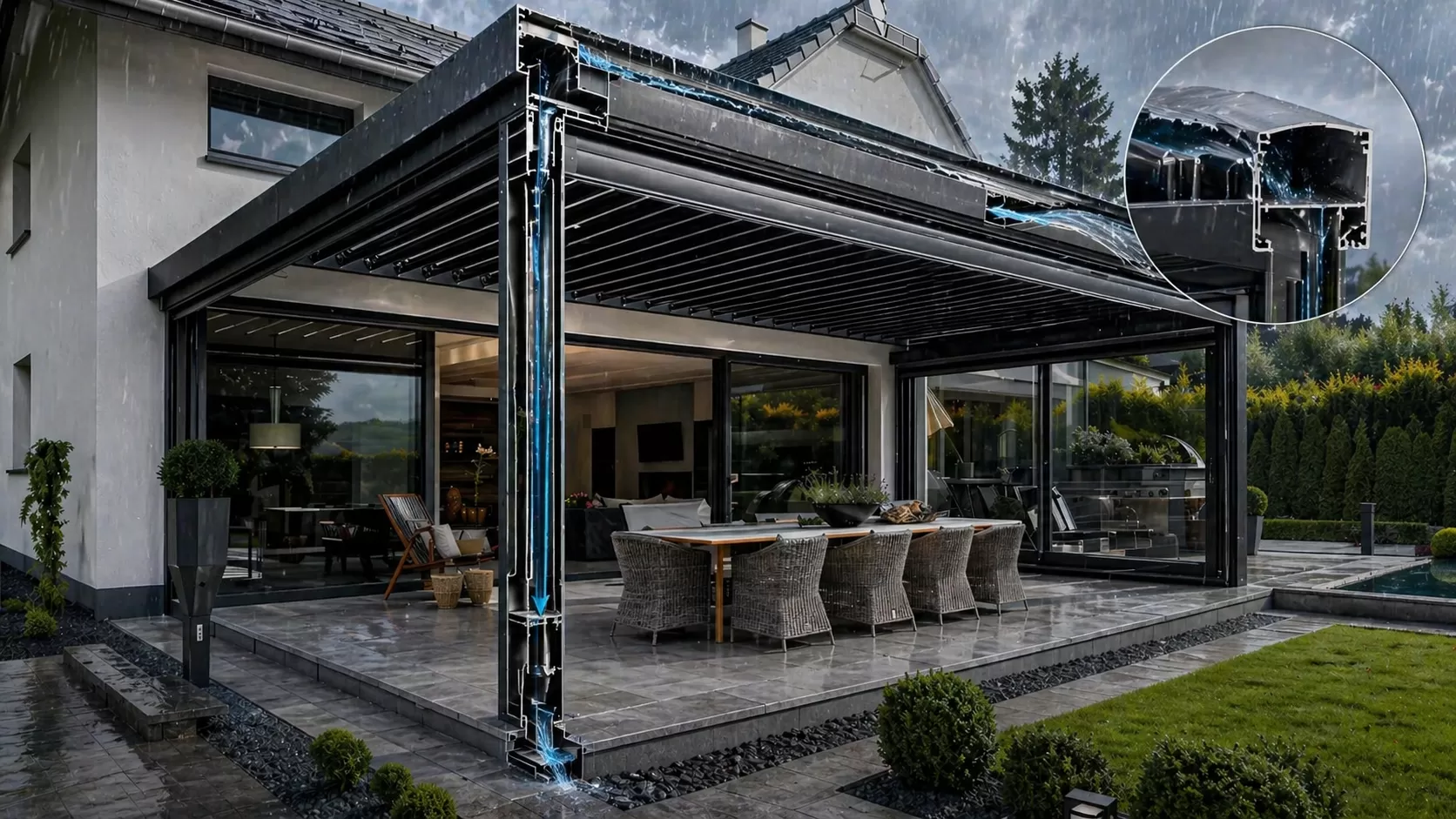 Hidden drainage channels that guide rainwater through the posts